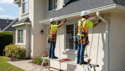 Orlando, FL siding contractor repairing storm-damaged gutters on a home