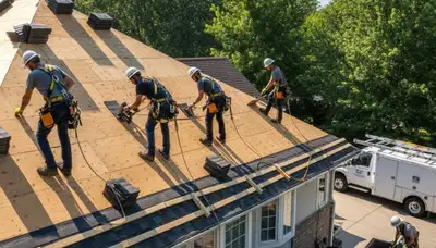 Orlando, FL roofing crew replacing storm-damaged shingles for a durable new roof