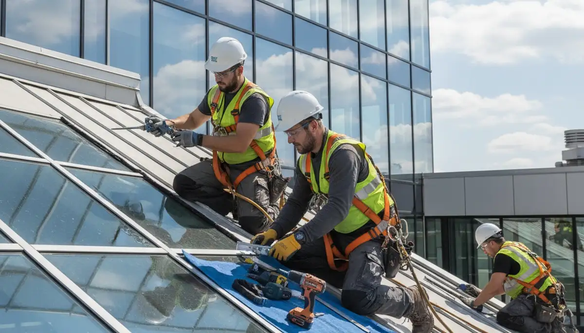Orlando, FL skylight repair crew sealing leaks and fixing cracked skylight on a home
